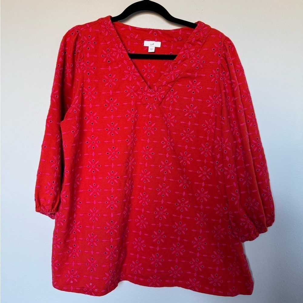 J. Jill Women's Red + Pink Embroidered Eyelet Cotton VNeck Blouse Size Large